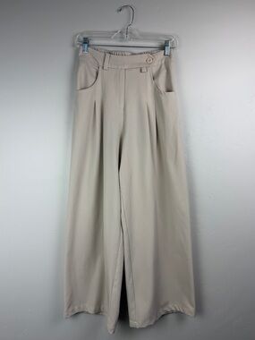 Allovin Beige High Waist Pleated Wide Leg Trousers Small